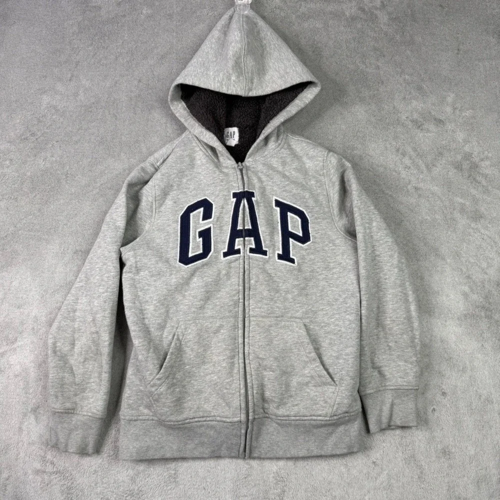 Gap Kids Boys Girls Gray Sherpa‎ Lined Zip Up Hoodie Sweatshirt Size L